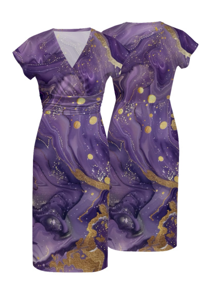 Purple & Gold Marble Cap Sleeve V-Neck Midi Dress OIJUY86907