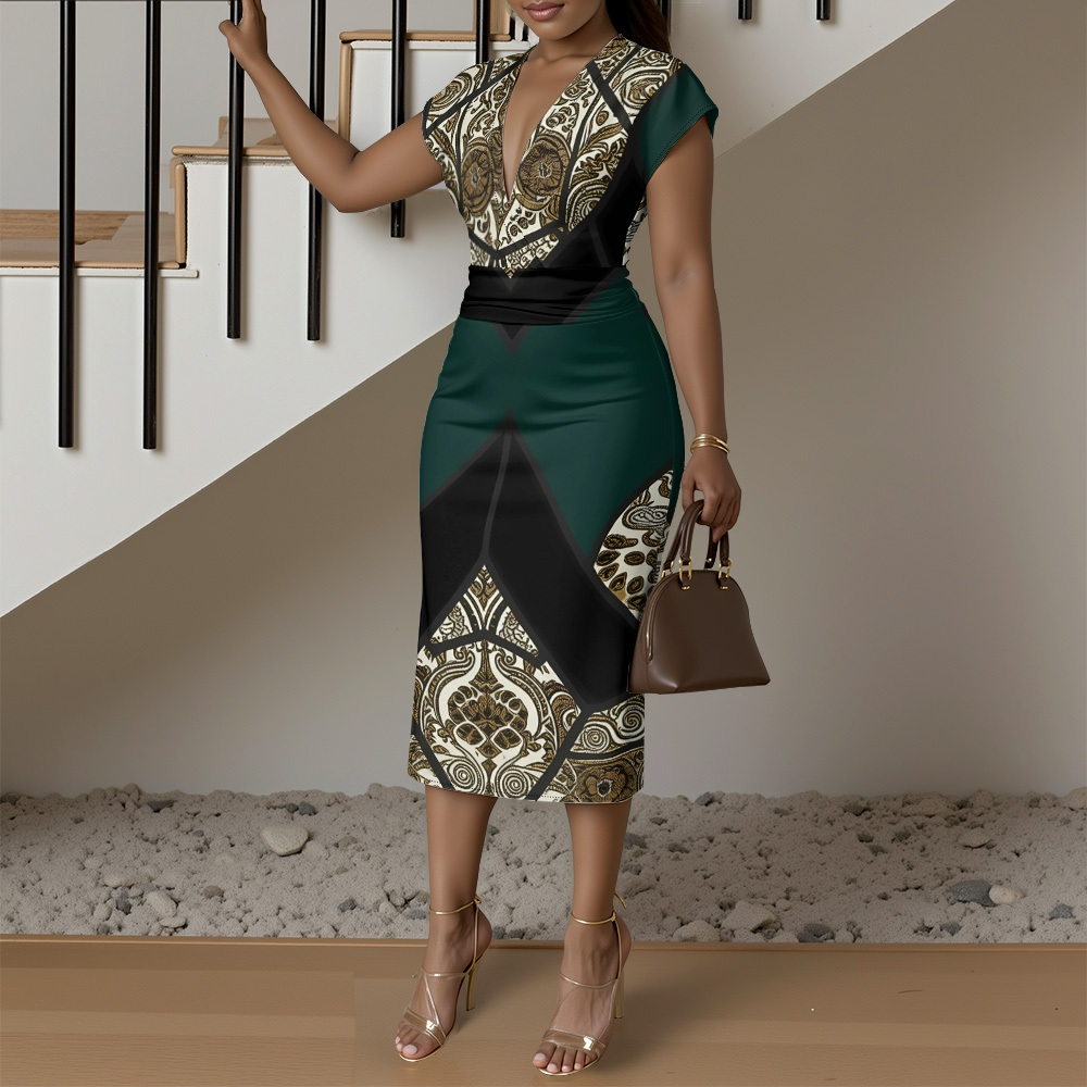 Lady Cap Sleeve V-Neck Midi Dress