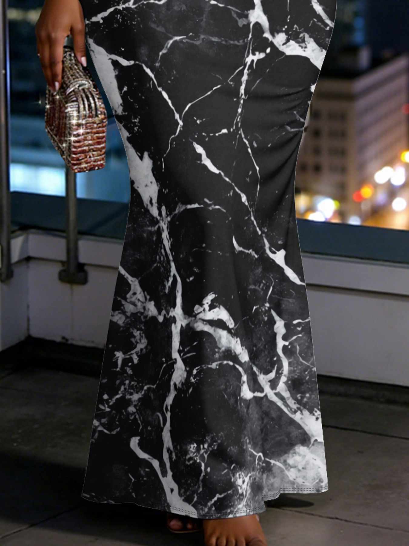 Black & White Marble Spaghetti Strap Mermaid Dress
