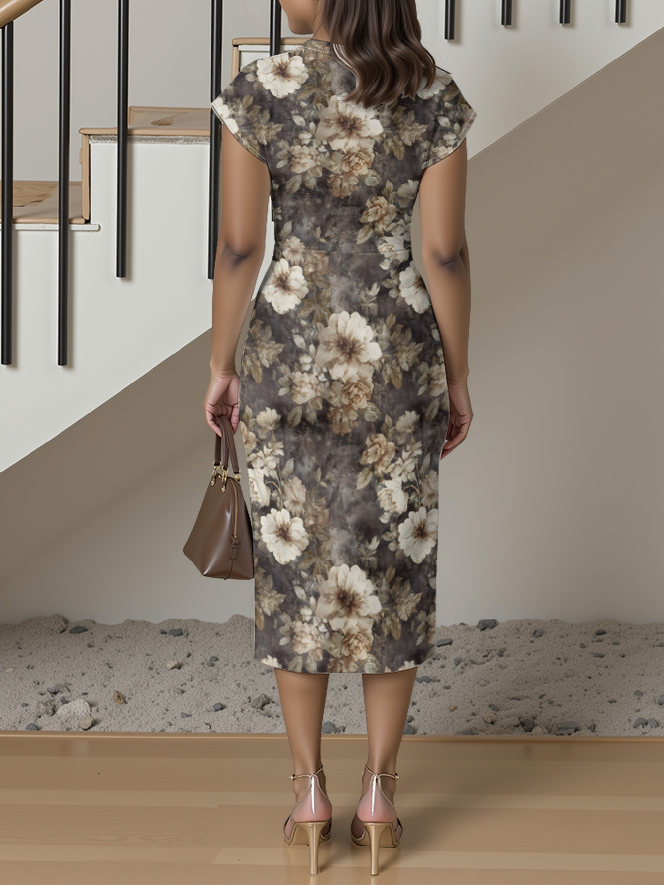 Marigold Floral Cap Sleeve V-Neck Midi Dress