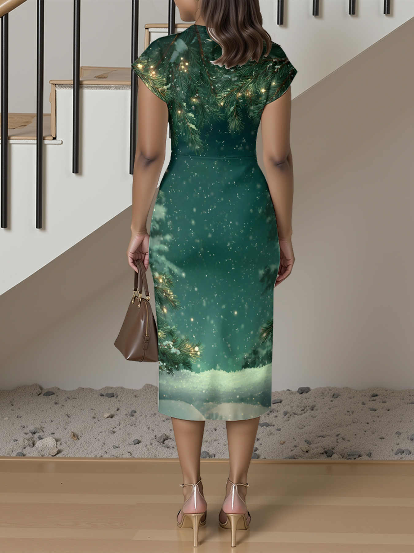 Winter Pine & Snow Cap Sleeve V-Neck Midi Dress