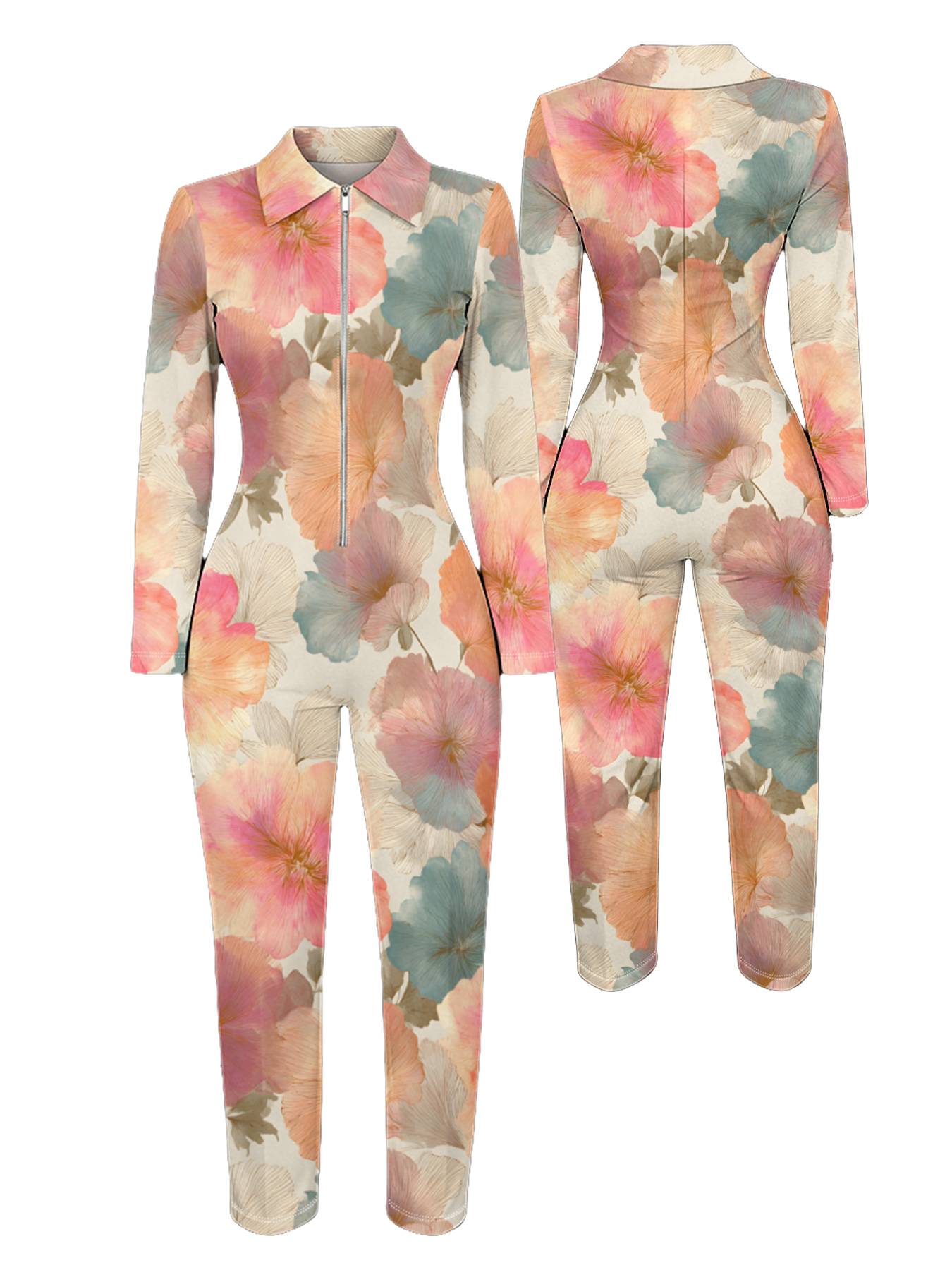 Watercolor Floral Long Sleeve Zip-Up Jumpsuit