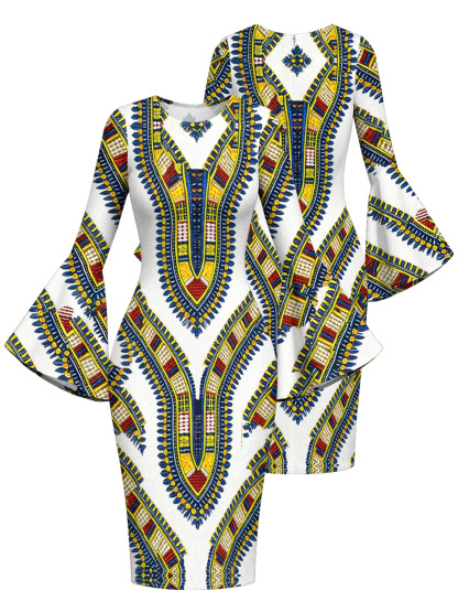 White Dashiki Print Bell Flare Sleeve Bodycon Midi Dress