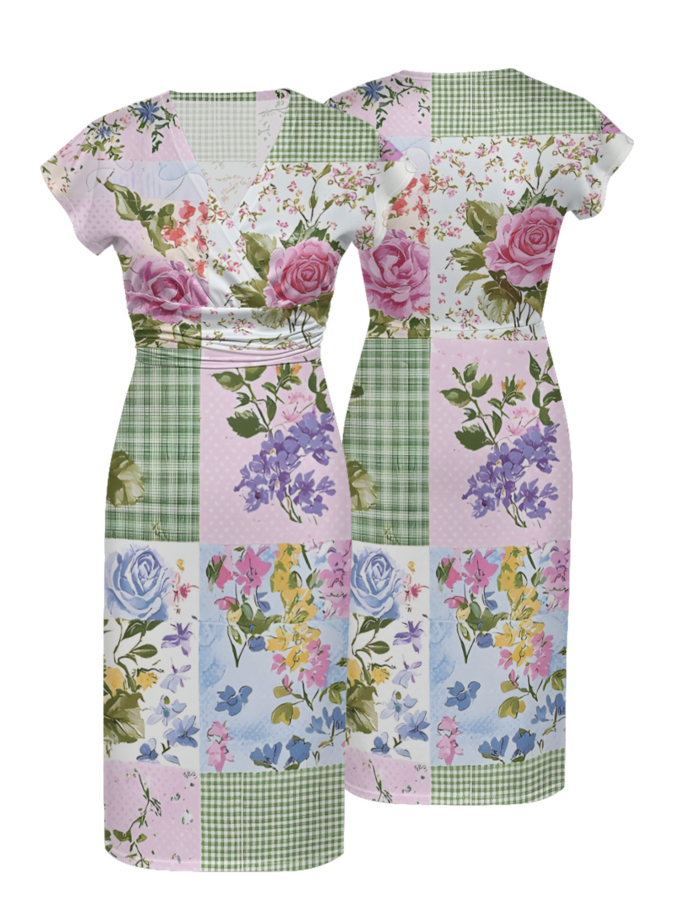 Pastel Floral & Gingham Patchwork Cap Sleeve V-Neck Midi Dress IUO0112