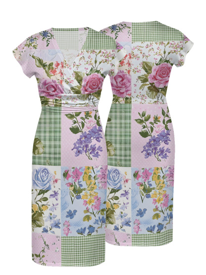 Pastel Floral & Gingham Patchwork Cap Sleeve V-Neck Midi Dress IUO0112