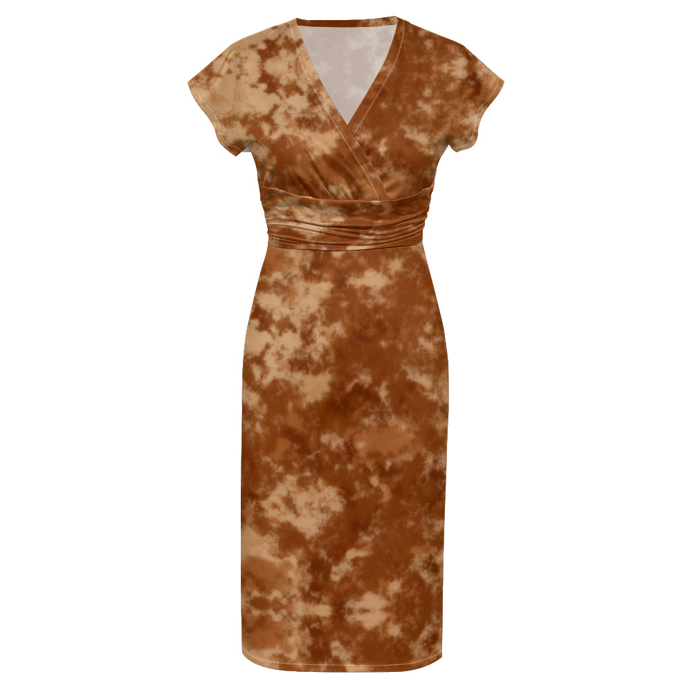Brown Tie-Dye Cap Sleeve V-Neck Midi Dress GKPT291
