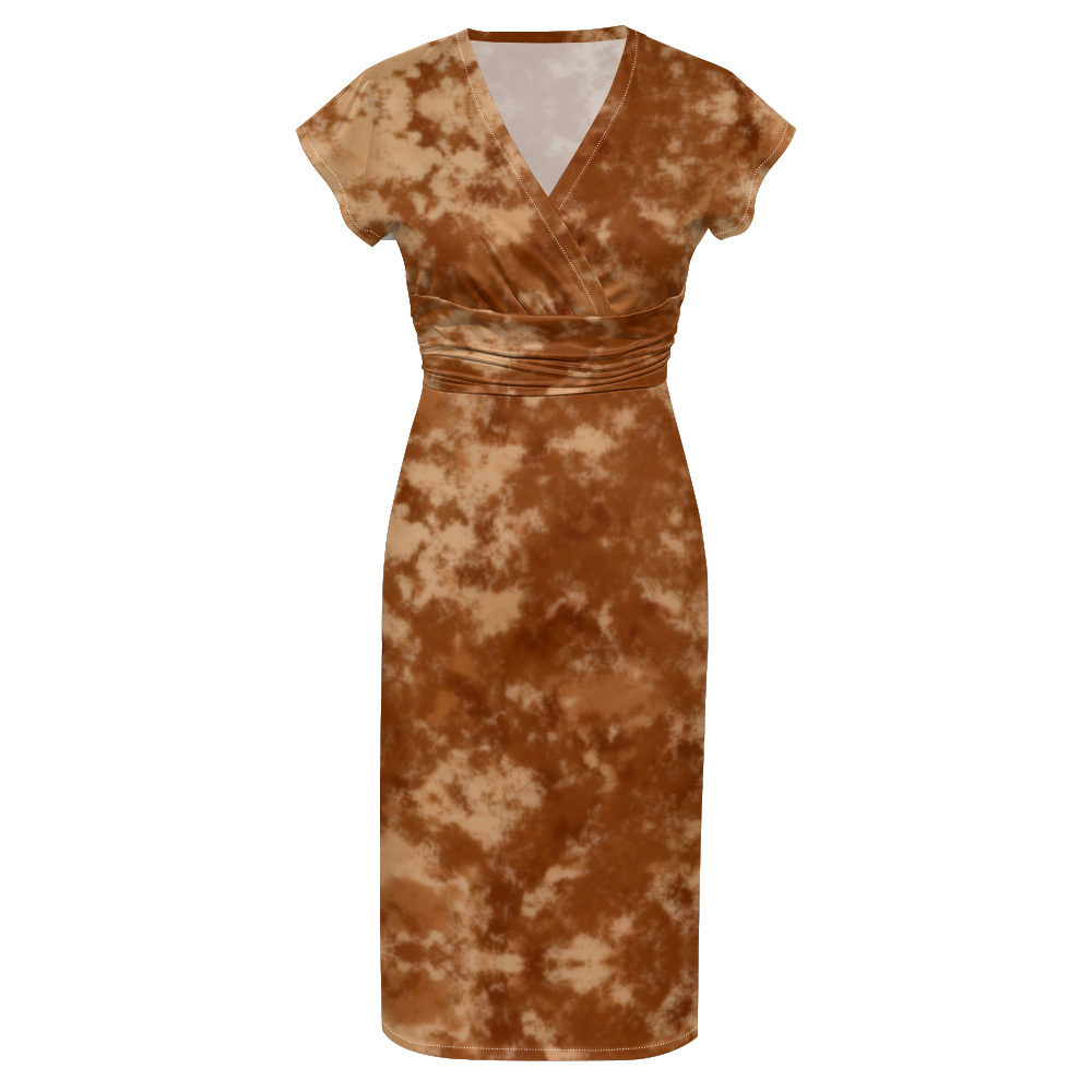 Brown Tie-Dye Cap Sleeve V-Neck Midi Dress GKPT291