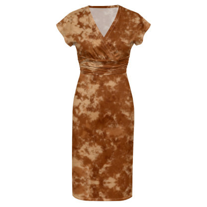 Brown Tie-Dye Cap Sleeve V-Neck Midi Dress GKPT291