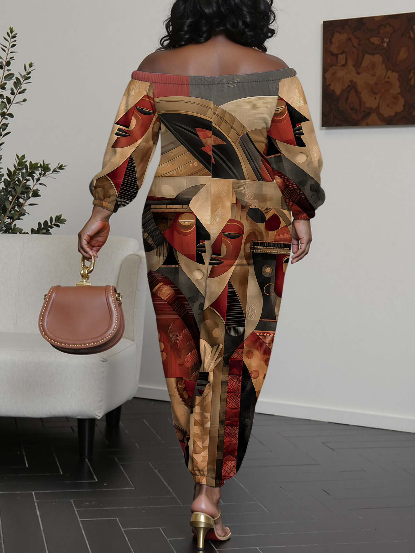 African Cubist Art Off-Shoulder Jumpsuit