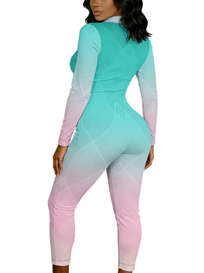 Teal to Pink Gradient Long Sleeve Zip-Up Jumpsuit 