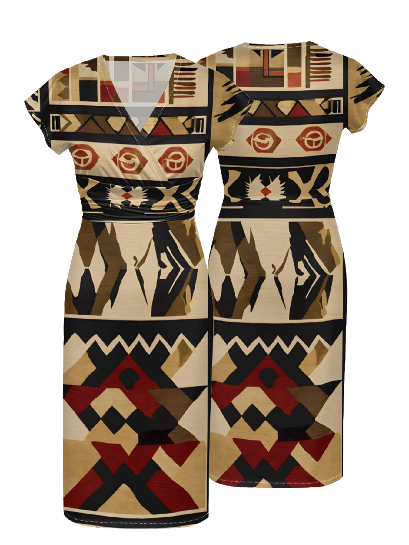 Beige-Red Tribal Cap Sleeve V-Neck Midi Dress