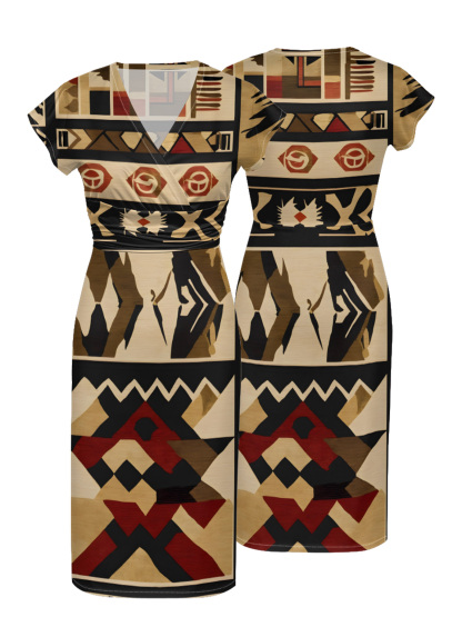 Beige-Red Tribal Cap Sleeve V-Neck Midi Dress