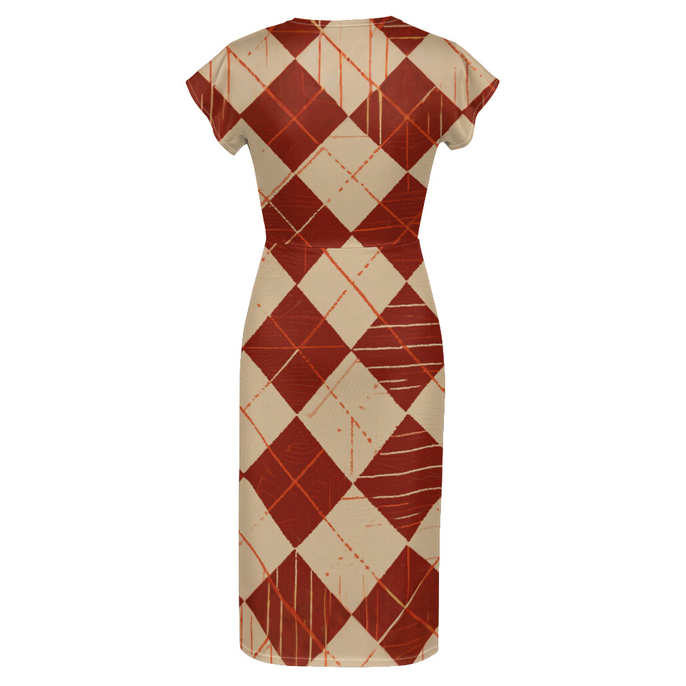 Rust & Beige Argyle Cap Sleeve V-Neck Midi Dress XWU825
