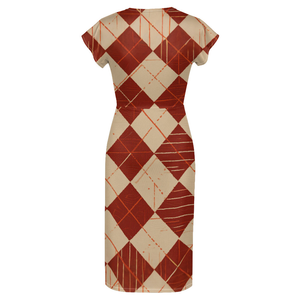Rust & Beige Argyle Cap Sleeve V-Neck Midi Dress XWU825