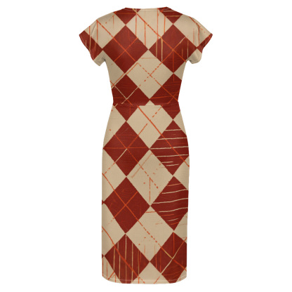 Rust & Beige Argyle Cap Sleeve V-Neck Midi Dress XWU825