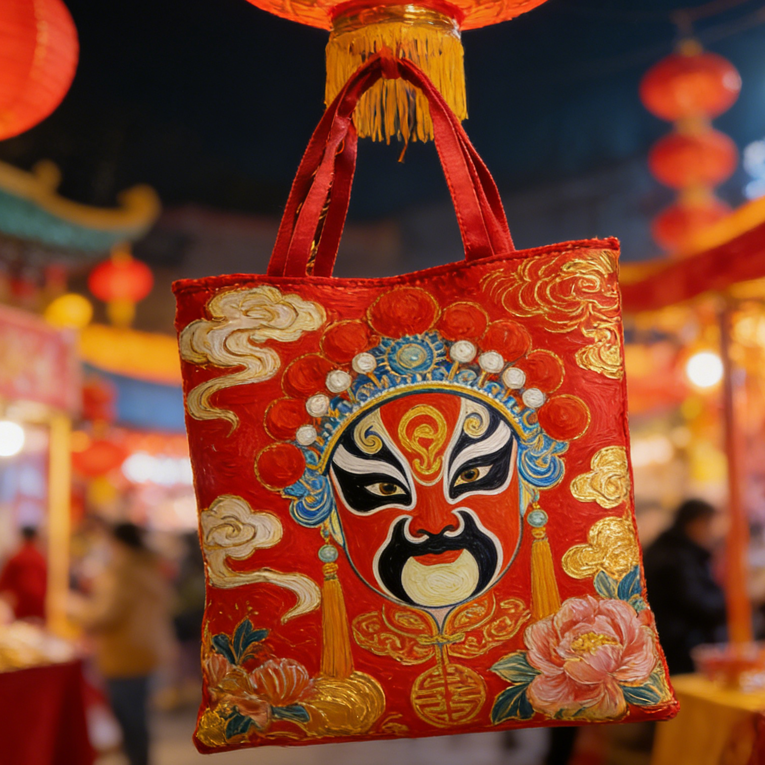 Peking Opera Mask & Peony Quilted Tote Bag CdEf0123