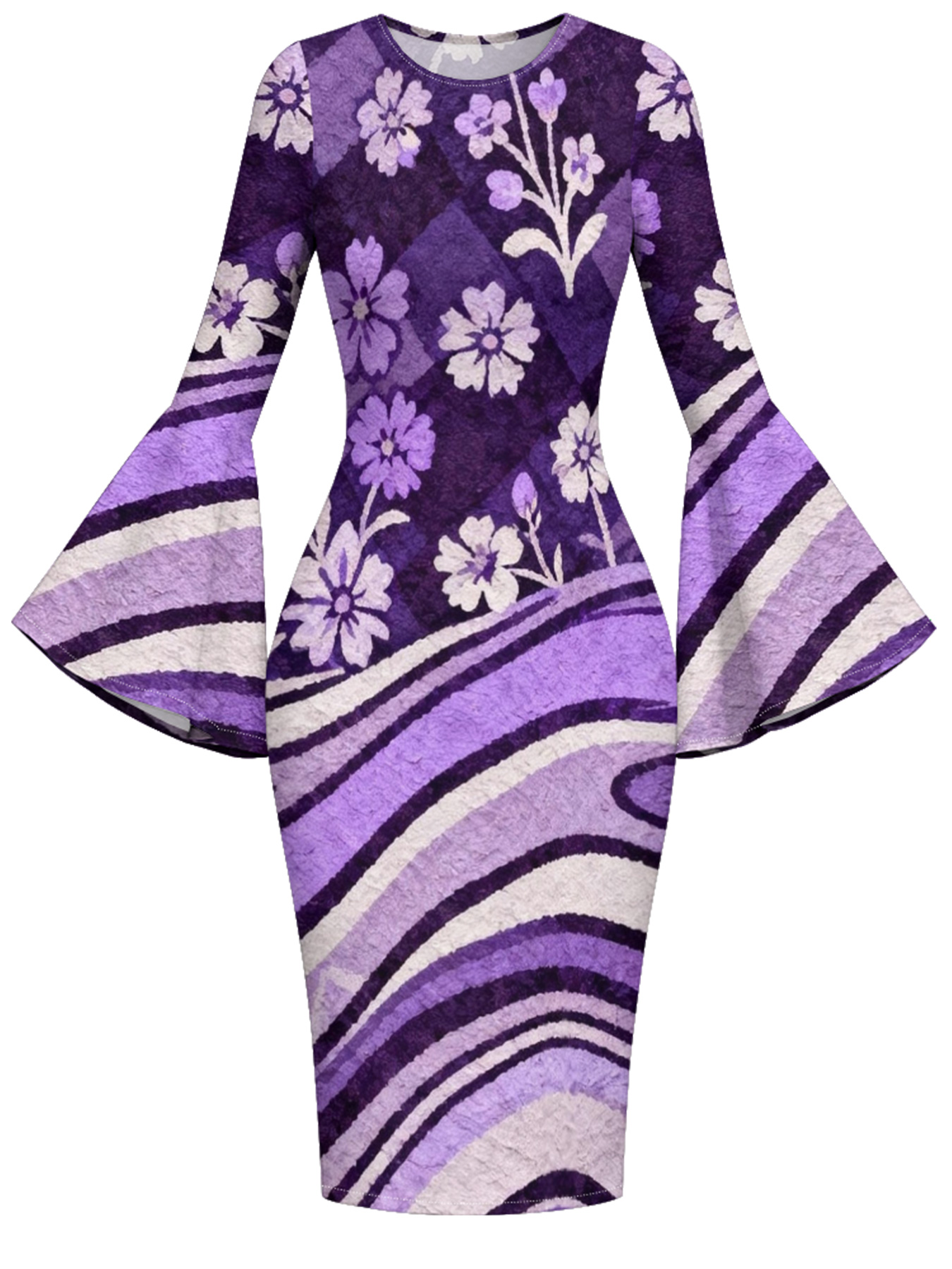 Purple Floral Stripe Flare Sleeve Bodycon Midi Dress LKJ852