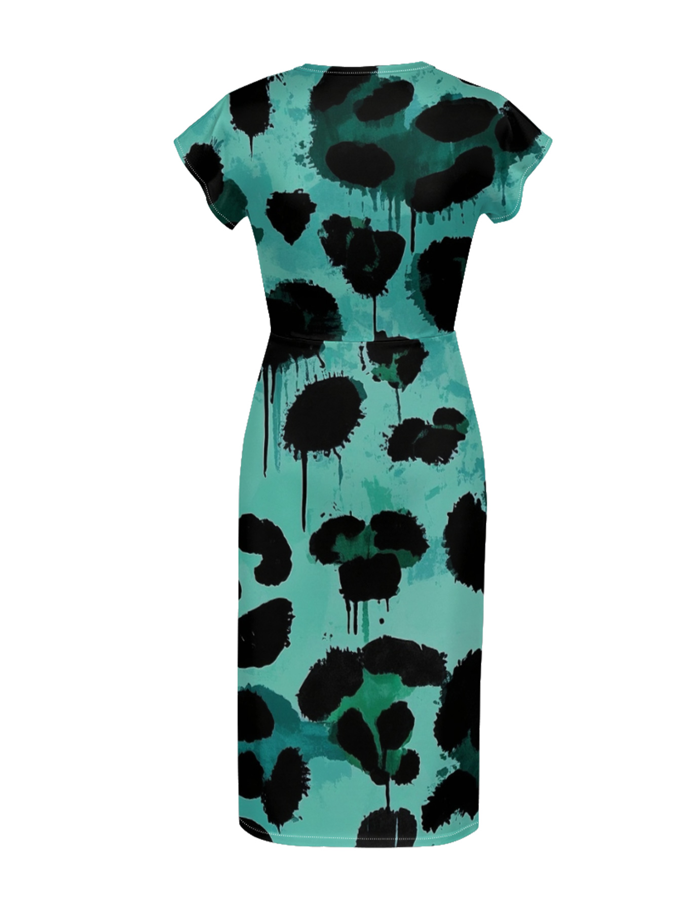 Mint & Black Abstract Ink Wrap Cap Sleeve V-Neck Midi Dress IUYU811