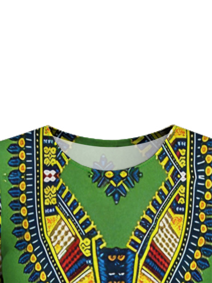 Green Dashiki Print Bell Flare Sleeve Bodycon Midi Dress