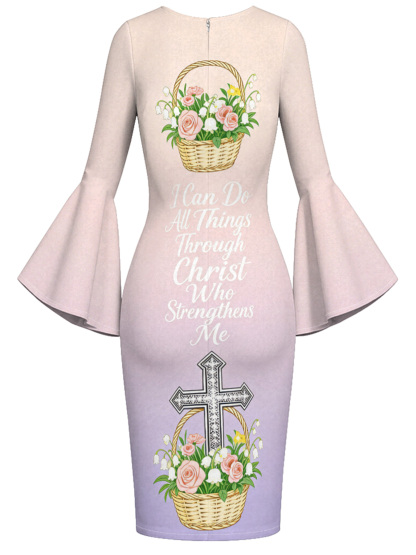 Lavender Ombre Rose Cross Easter Flare Sleeve Bodycon Midi Dress