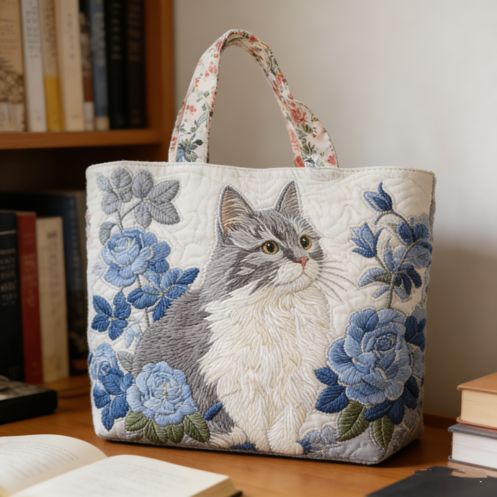 Gray Cat & Blue Rose Quilted Tote Bag KlMn8901
