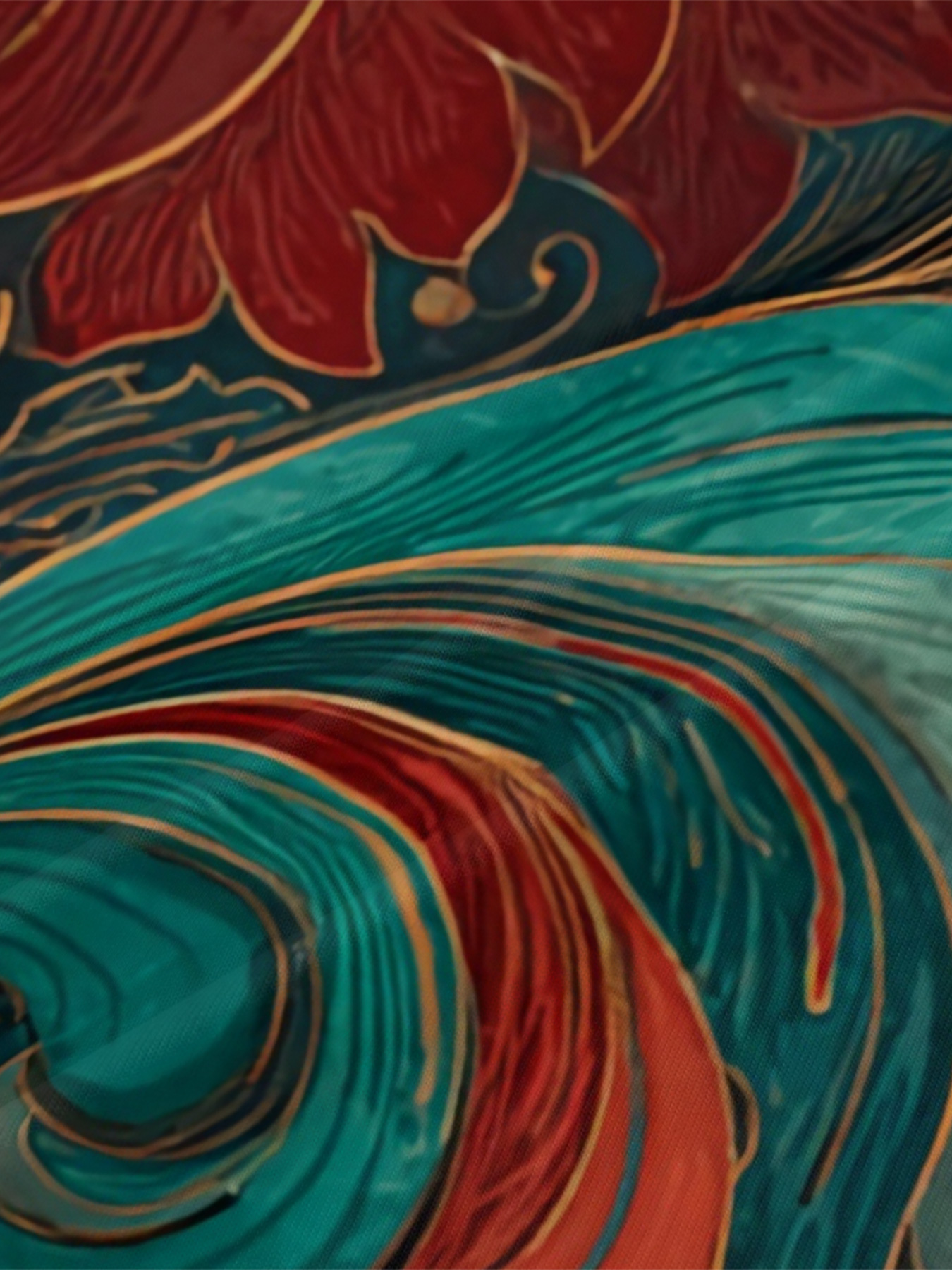 Teal & Red Art Nouveau V-Neck Bodycon Midi Dress