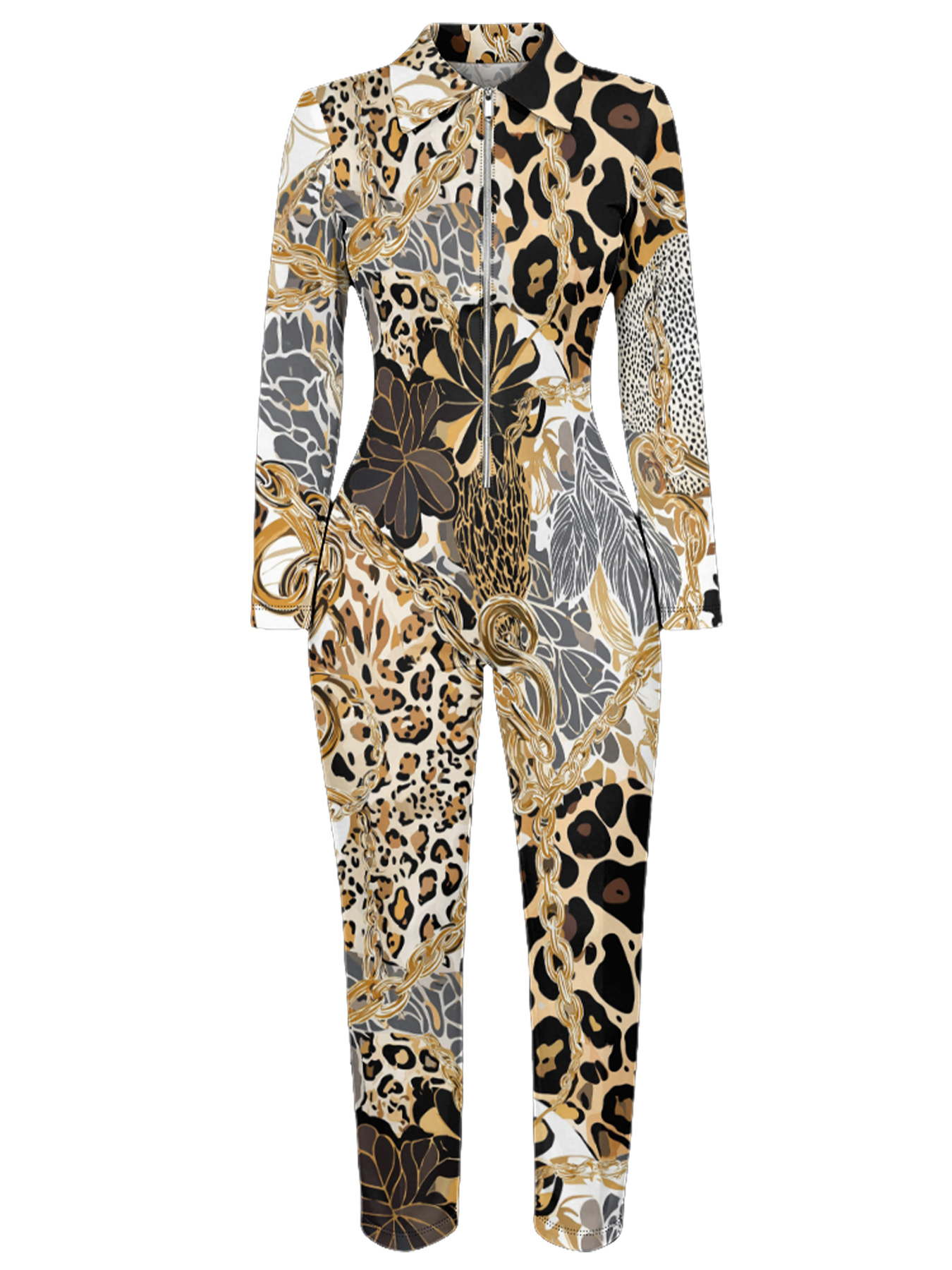 Leopard & Gold Chain Long Sleeve Zip-Up Jumpsuit 