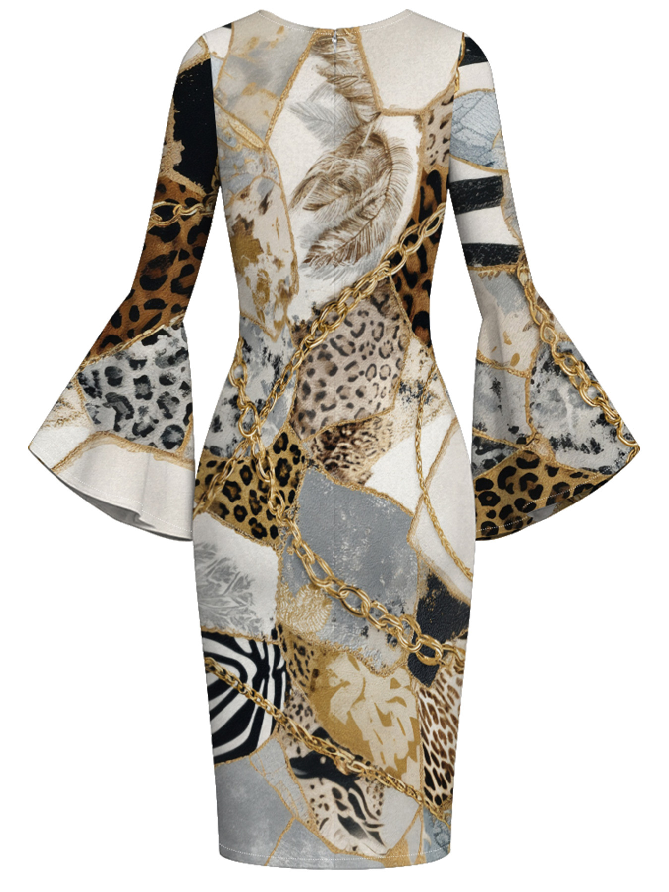 Luxury Patchwork Animal Flare Sleeve Bodycon Midi Dress GHI2564