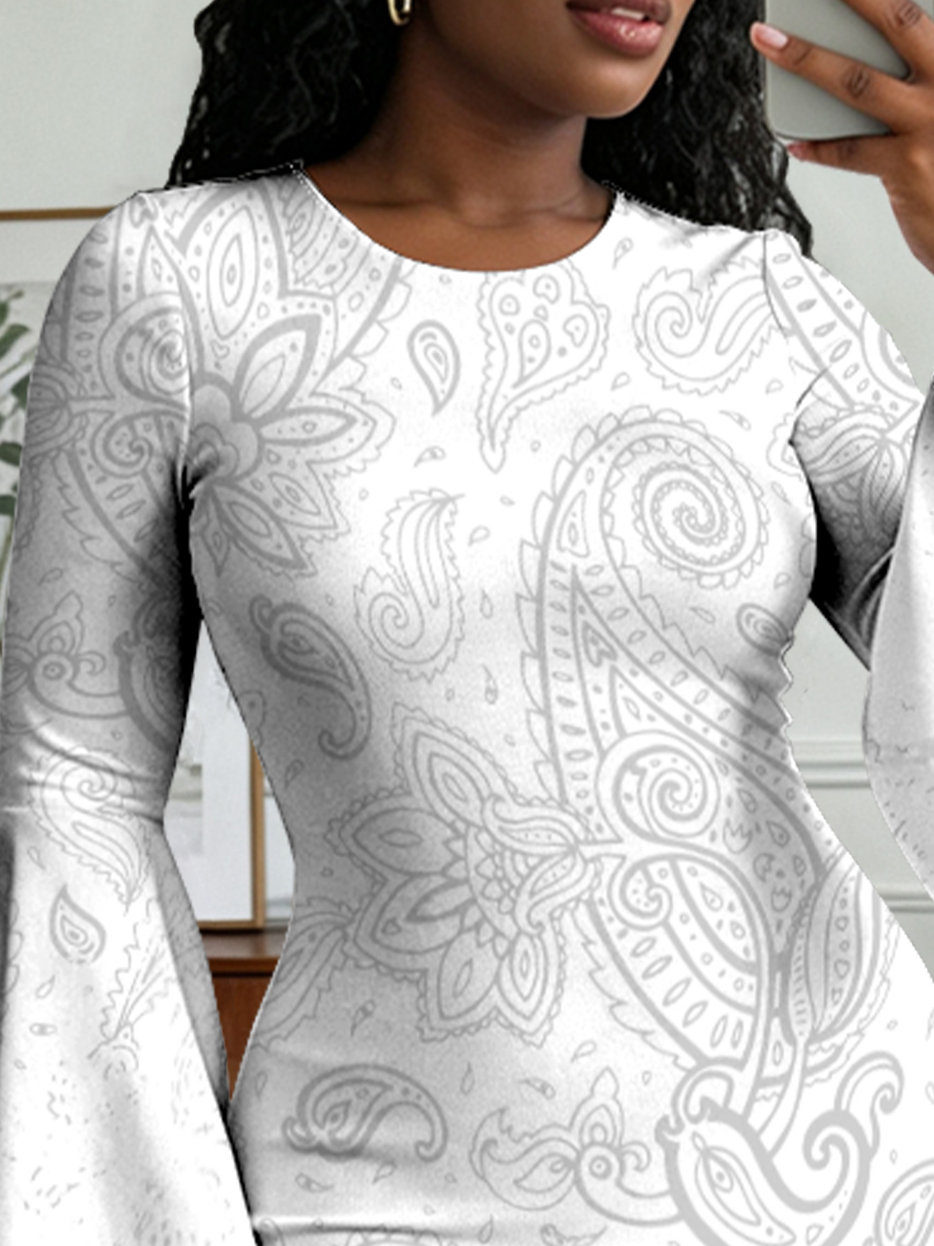 White Gradient Paisley Flare Sleeve Bodycon Midi Dress