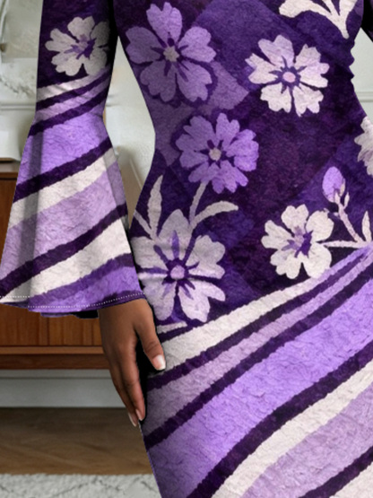 Purple Floral Stripe Flare Sleeve Bodycon Midi Dress LKJ852