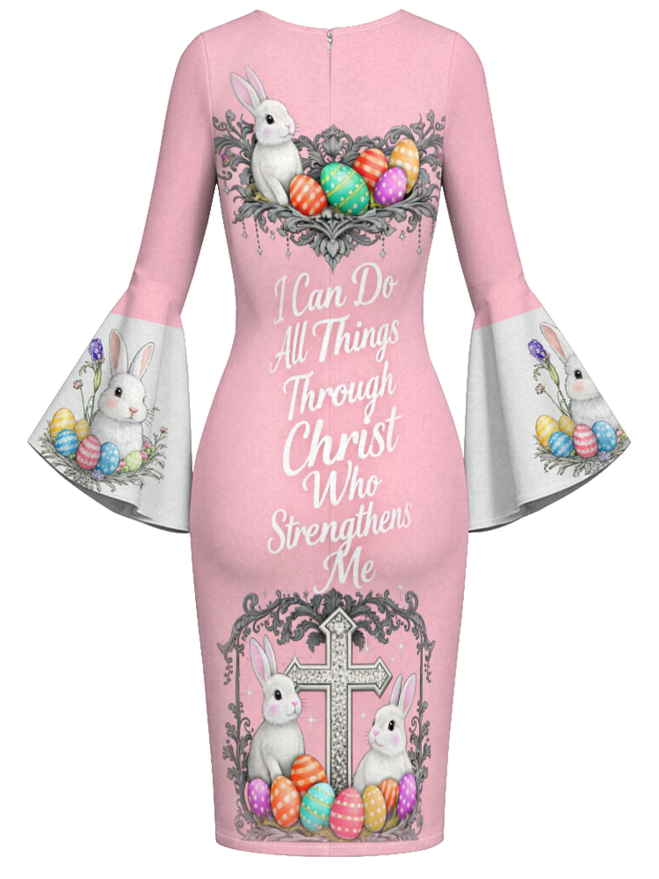 Blush Pink Easter Bunny Cross Easter Flare Sleeve Bodycon Midi Dress