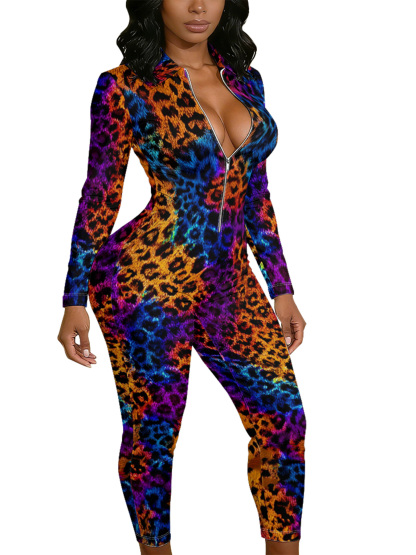 Rainbow Leopard Long Sleeve Zip-Up Jumpsuit 