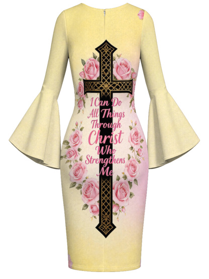 Butter Yellow Christian Cross Easter Flare Sleeve Bodycon Midi Dress