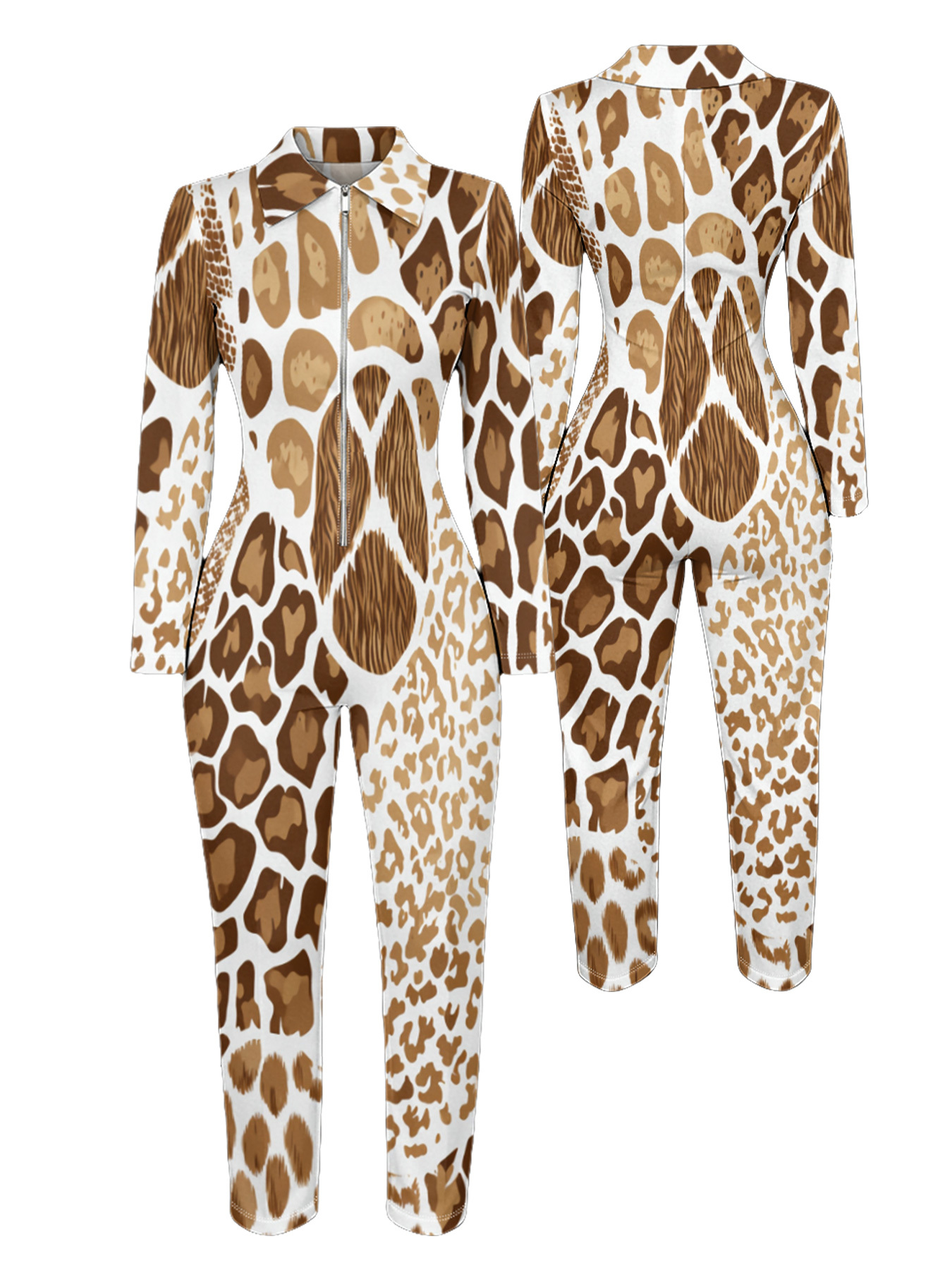 Mixed Leopard Print Long Sleeve Zip-Up Jumpsuit