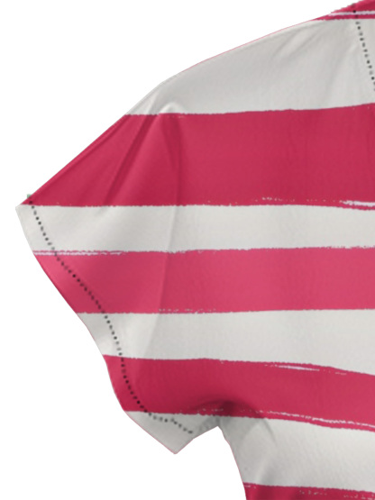Pink & White Brushstroke Stripe Cap Sleeve V-Neck Midi Dress