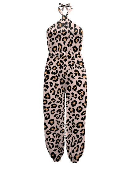 Pink Leopard Sleeveless Halter Jumpsuit
