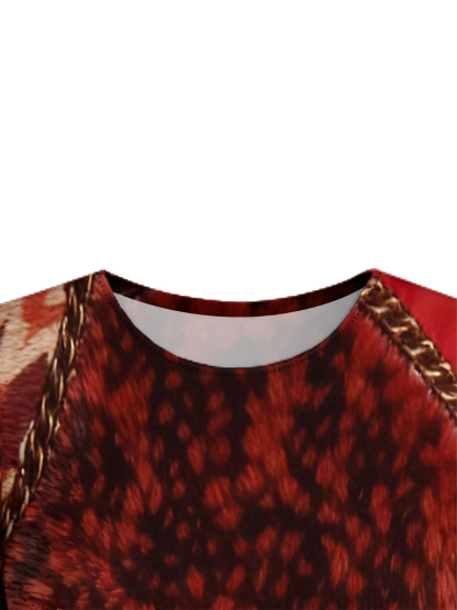 Red Leopard Print Gold Chain Flare Sleeve Bodycon Midi Dress CDF7382