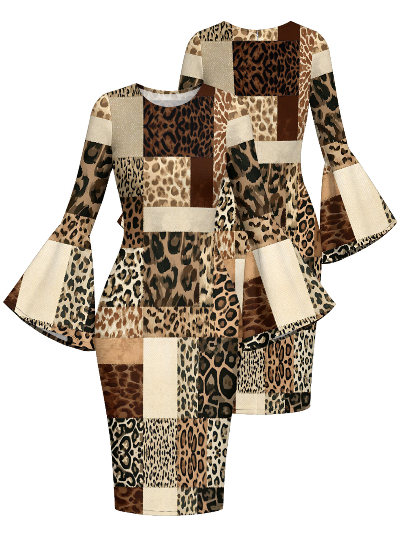 Neutral Patchwork Leopard Print Bell Flare Sleeve Bodycon Midi Dress