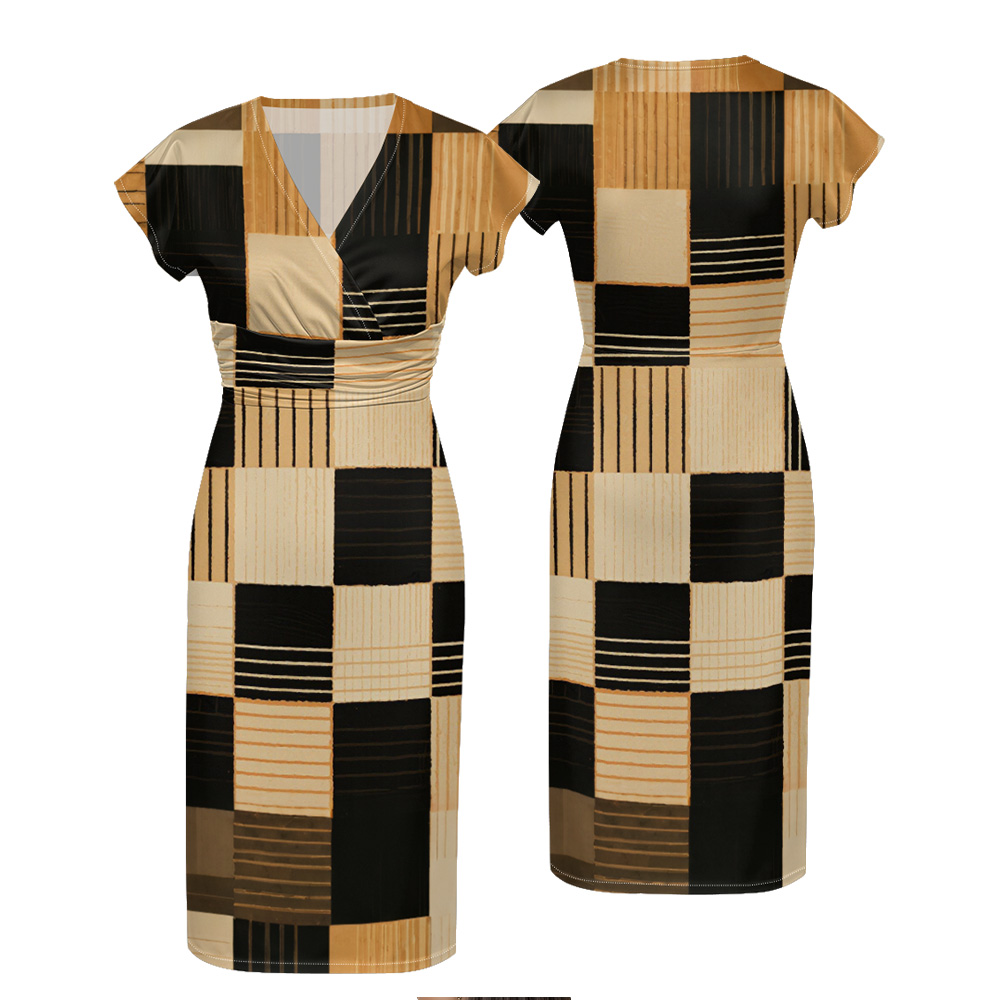 Black & Tan Geometric Patchwork Cap Sleeve V-Neck Midi Dress VTS714