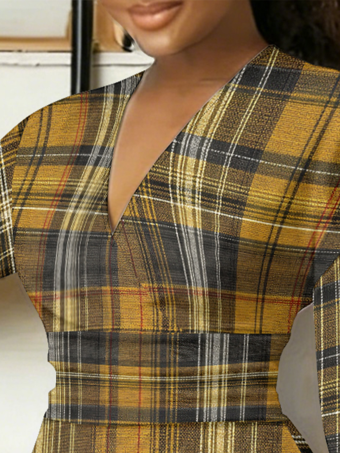 Mustard Plaid V-Neck Bodycon Midi Dress