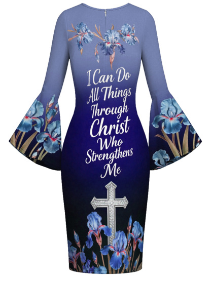 Blue Iris Christian Verse Flare Sleeve Bodycon Midi Dress