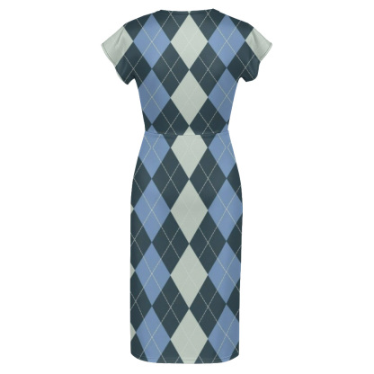 Blue & White Argyle Cap Sleeve V-Neck Midi Dress VUS705