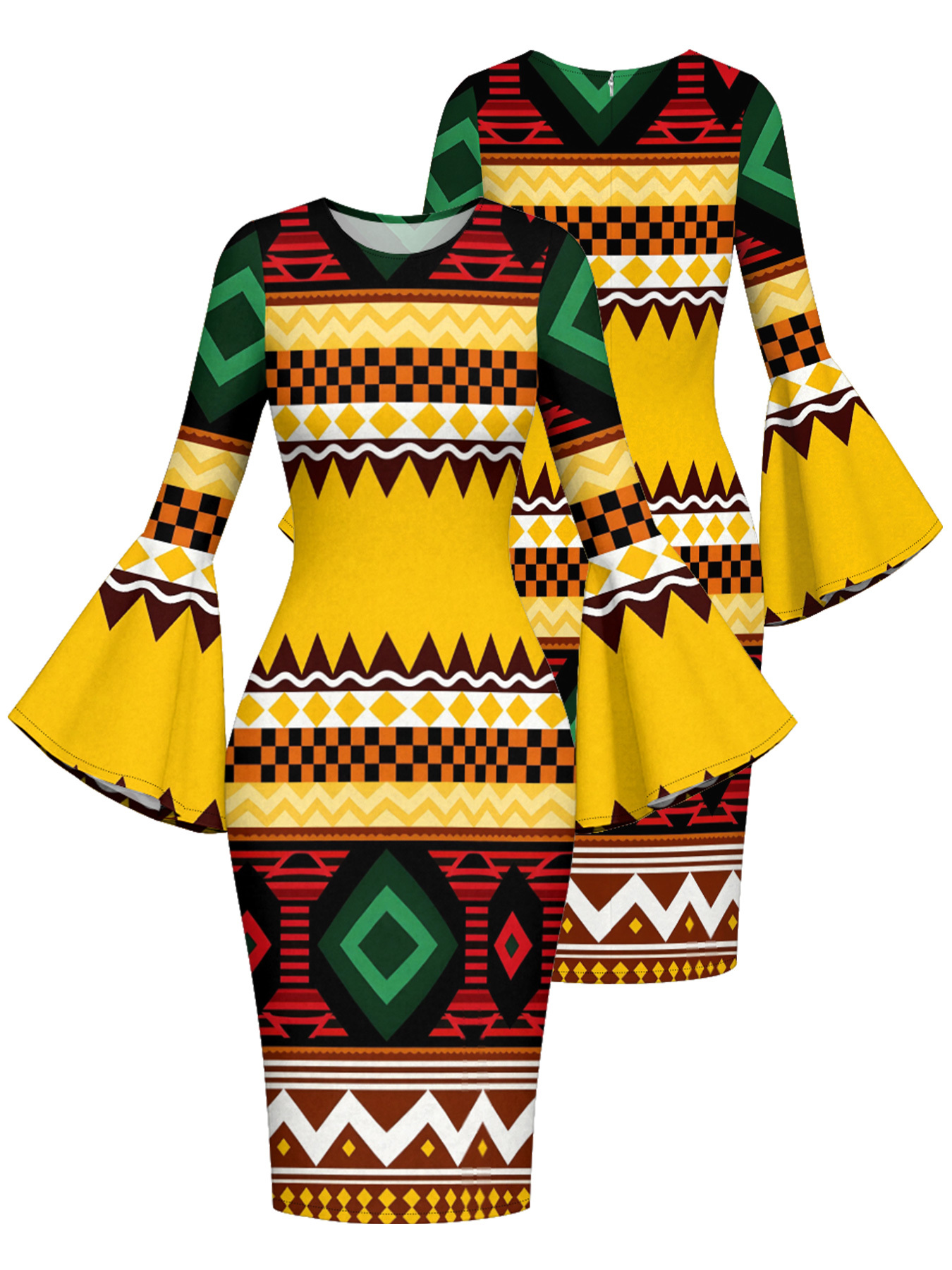 Warm-Tone Tribal Geometric Easter Flare Sleeve Bodycon Midi Dress