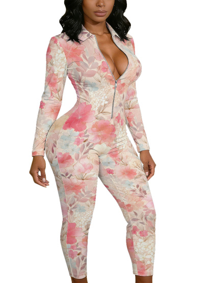 Blush Pink Floral Watercolor Long Sleeve Zip-Up Jumpsuit 