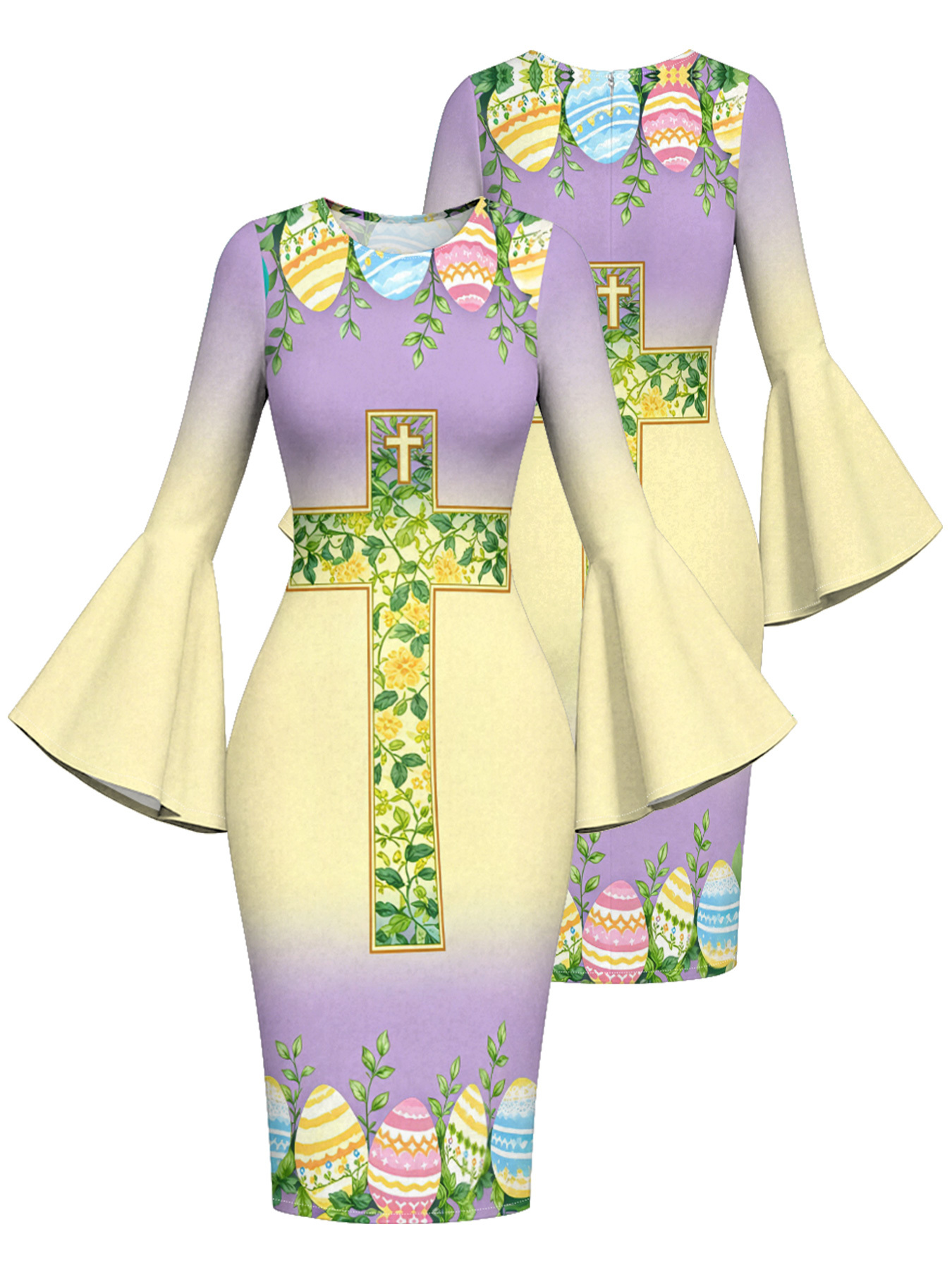 Ombre Purple-Yellow Cross Easter Flare Sleeve Bodycon Midi Dress