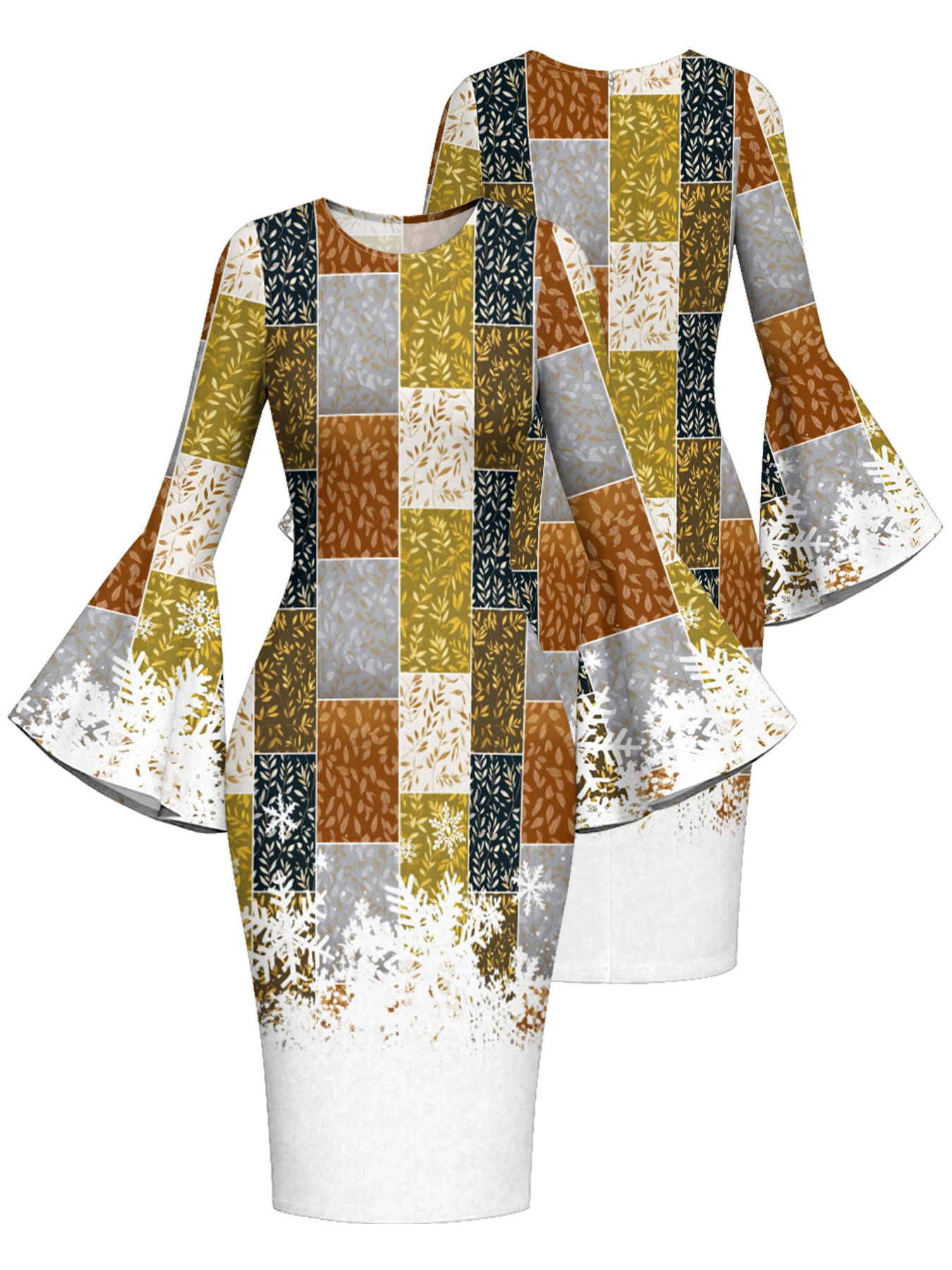 Autumn Patchwork Snowflake Flare Sleeve Bodycon Midi Dress