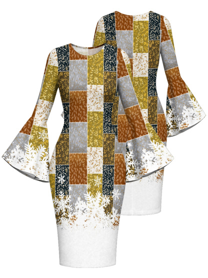 Autumn Patchwork Snowflake Flare Sleeve Bodycon Midi Dress