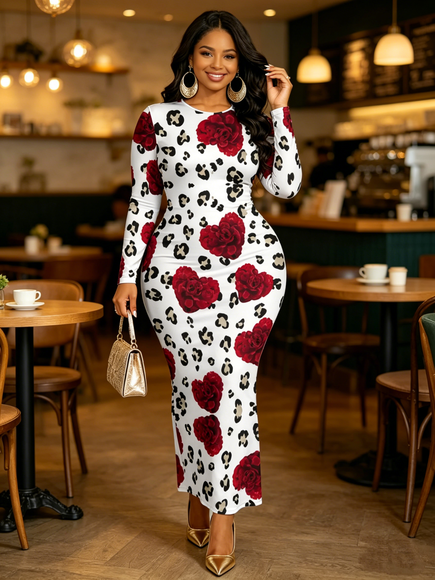 Red Heart Rose Leopard Round Sleeve Neck Long Bodycon Dress