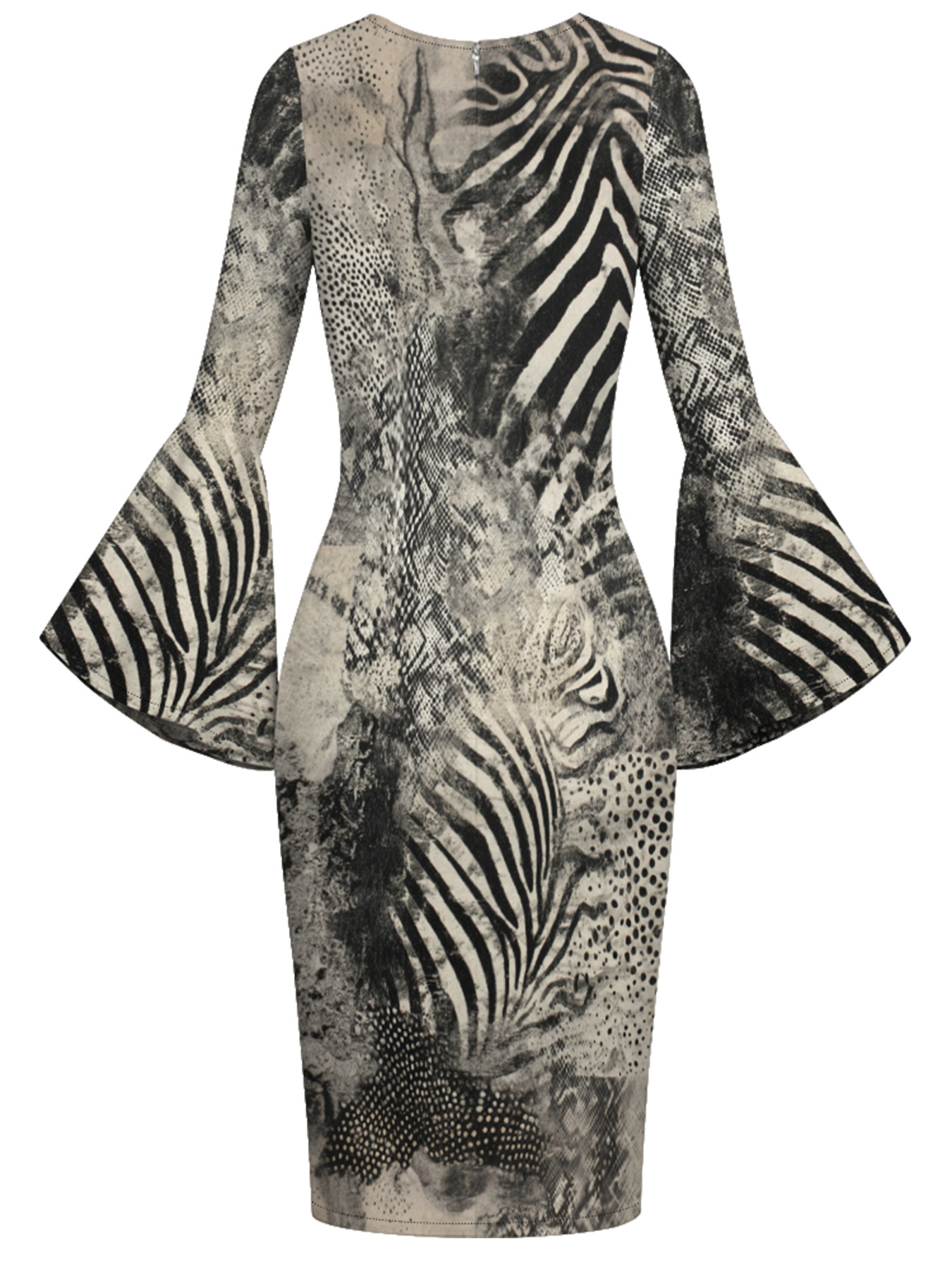Black & White Animal Flare Sleeve Bodycon Midi Dress EFG1493
