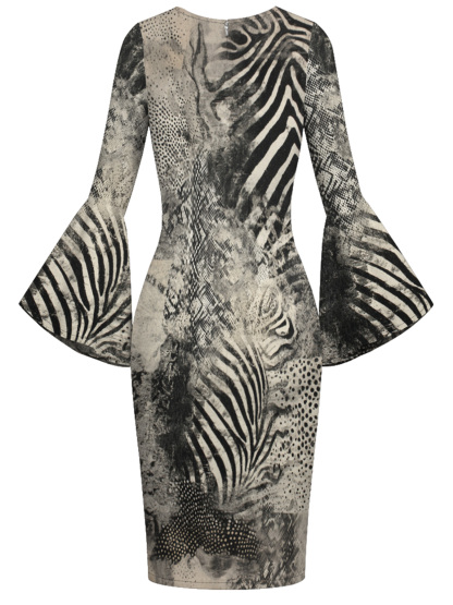 Black & White Animal Flare Sleeve Bodycon Midi Dress EFG1493
